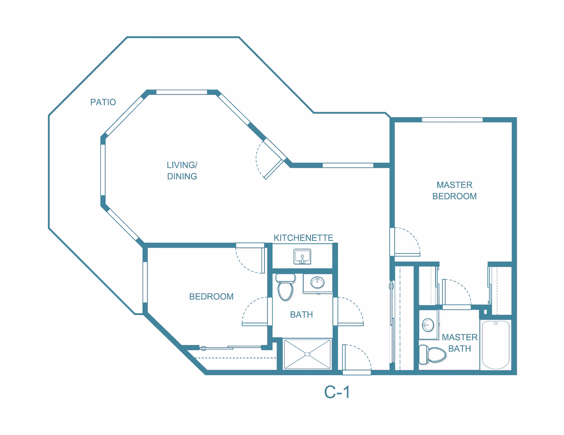 Architectural floor plan of a senior living apartment unit labeled C-1, showing a master bedroom with master bath, a second bedroom, a bath, kitchenette, living/dining area, and a patio.