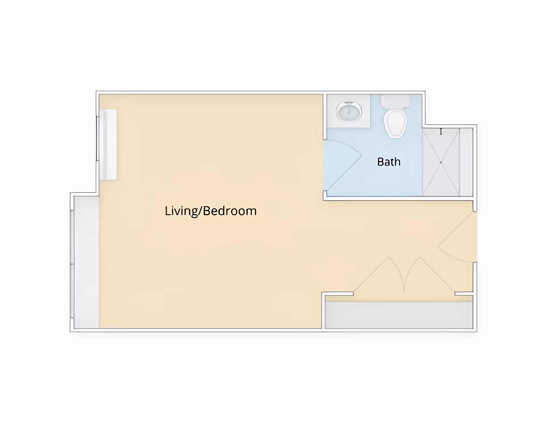 Floor plan of a studio apartment at Avita of Brunswick showing a combined living and bedroom area, and a separate bathroom with a sink, toilet, and shower.