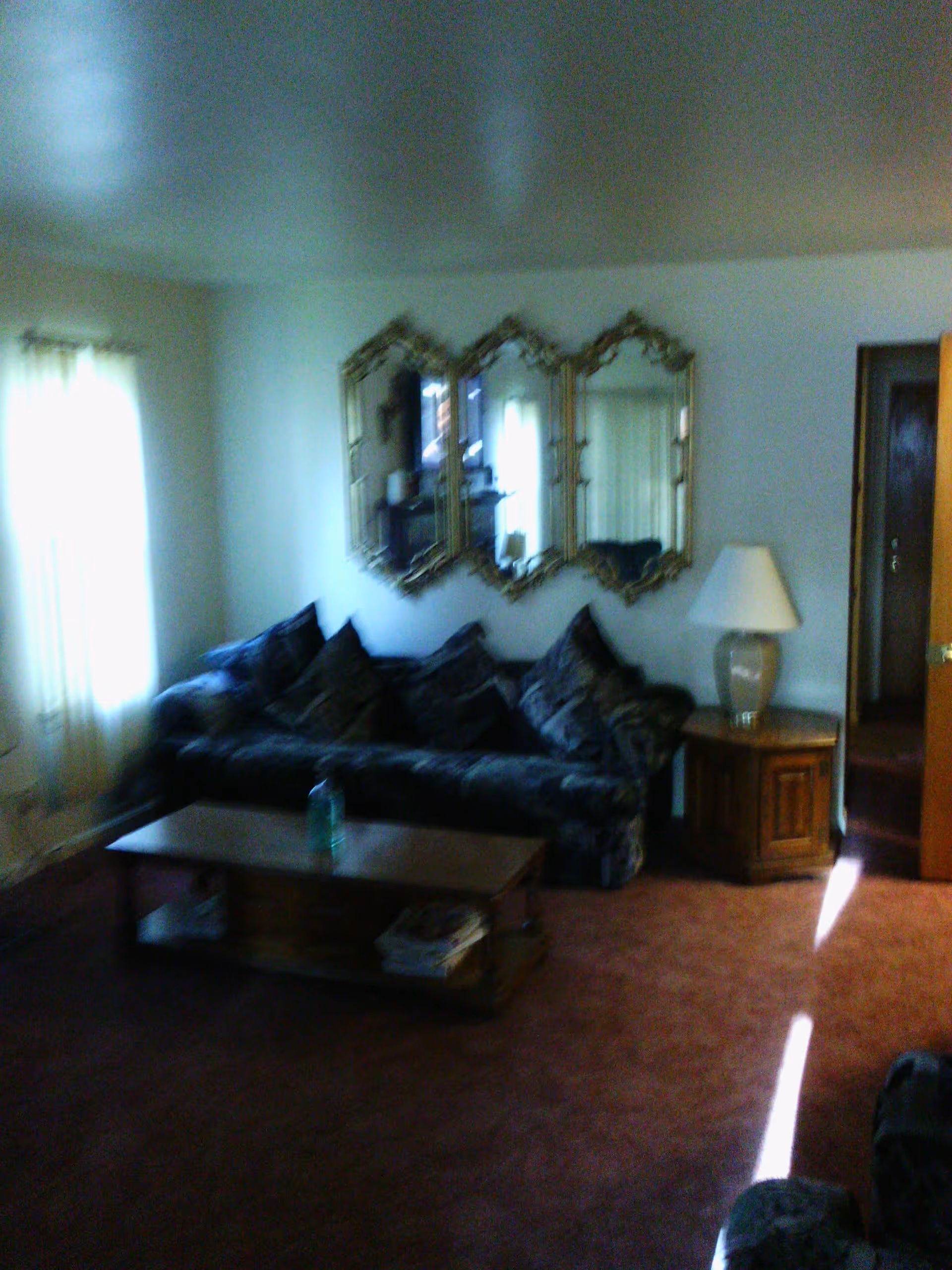 A living room with a dark patterned sofa against a wall with three ornate mirrors. There is a wooden coffee table with some items on the lower shelf in front of the sofa. To the right of the sofa is a wooden side table with a lamp. Light enters the room through a window with sheer curtains on the left side.
