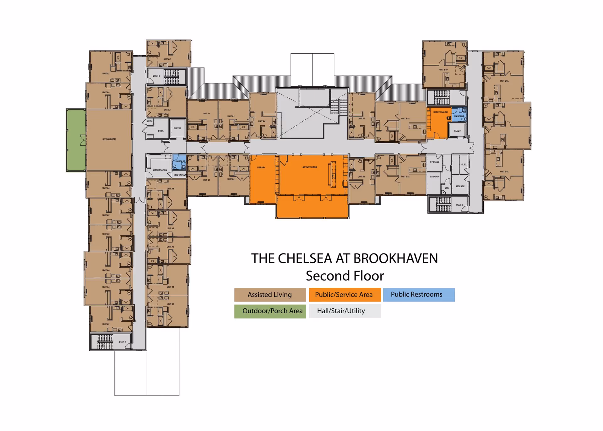 Floor plan of the second floor of The Chelsea at Brookhaven showing layout of assisted living units, public/service areas, public restrooms, outdoor/porch area, and hall/stair/utility spaces. The assisted living units are marked in brown, public/service areas in orange, public restrooms in blue, outdoor/porch area in green, and hall/stair/utility in gray.