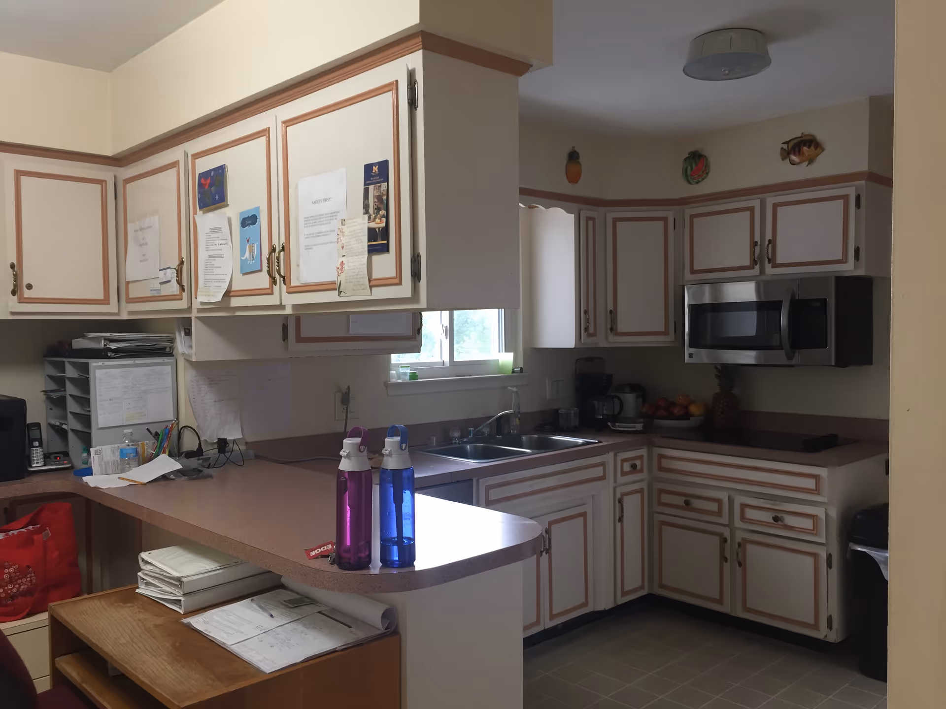Interior view of a kitchen with white cabinets featuring brown trim, a double sink under a window, a microwave mounted above the counter, a coffee maker, a bowl of fruit, and two water bottles on the counter. Various papers and notes are attached to the cabinet doors and walls.