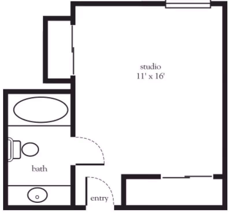 Floor plan of a studio apartment at Serra Highlands Senior Living, showing an 11 by 16 feet studio space, an entry area, and a bathroom with a bathtub, toilet, and sink.
