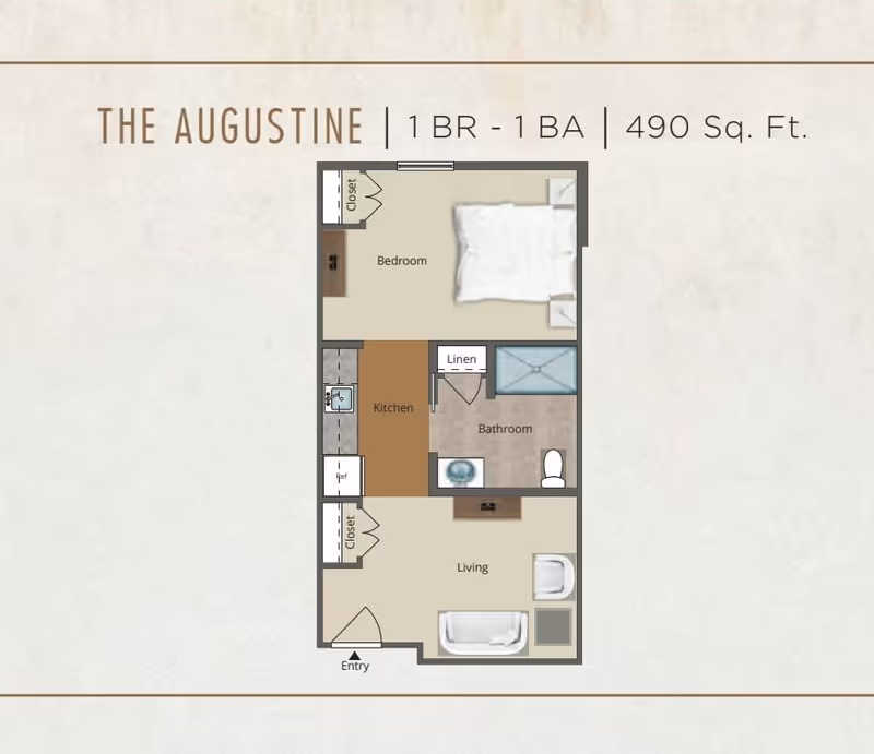 Floor plan of The Augustine, a 1 bedroom, 1 bathroom apartment with 490 square feet. The layout includes a bedroom with a closet, a kitchen area, a bathroom with a linen closet, and a living room with an entry door.