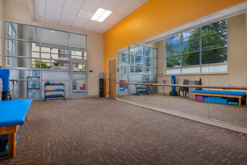 Bright exercise/therapy room with wall-length mirrors, a ballet barre, benches, and small weights under large windows.