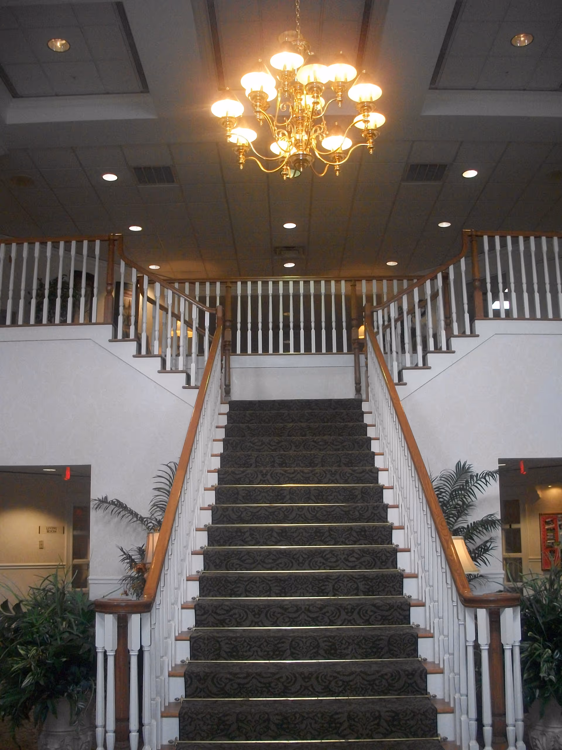 Grand carpeted staircase with wooden banisters leading to an upper balcony under a hanging chandelier in a lobby.