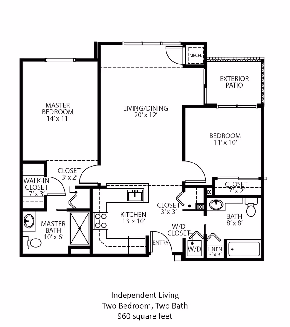 Floor plan of an independent living two-bedroom, two-bath apartment with 960 square feet. The layout includes a master bedroom with a walk-in closet and master bath, a second bedroom with a closet, a living/dining area, a kitchen, a second bath, an exterior patio, and multiple closets including a washer/dryer closet and linen closet.