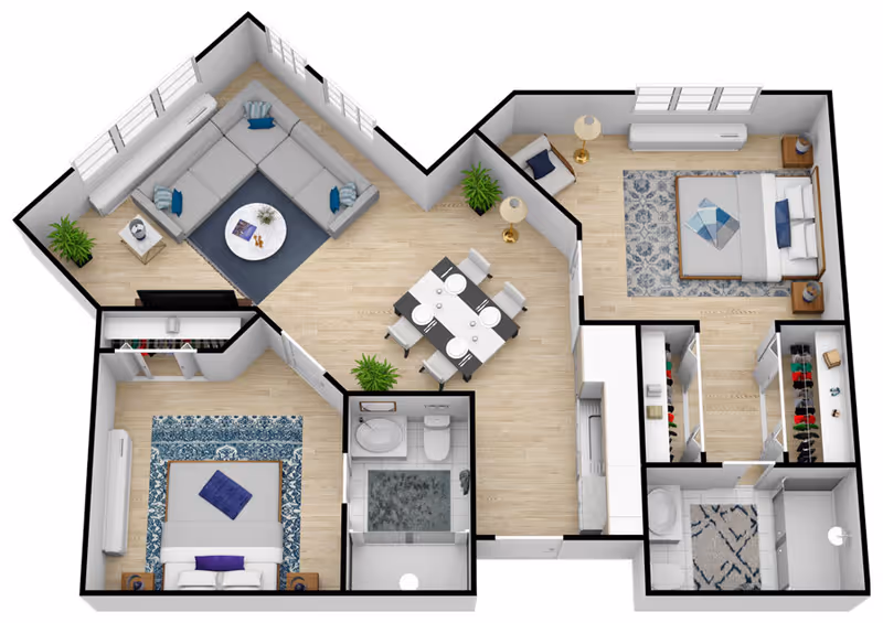 3D floor plan of a residential unit at Creston Village showing a living room with an L-shaped sofa and coffee table, a dining area with a table set for six, two bedrooms each with a bed and rugs, two bathrooms, closets, and a kitchen area.