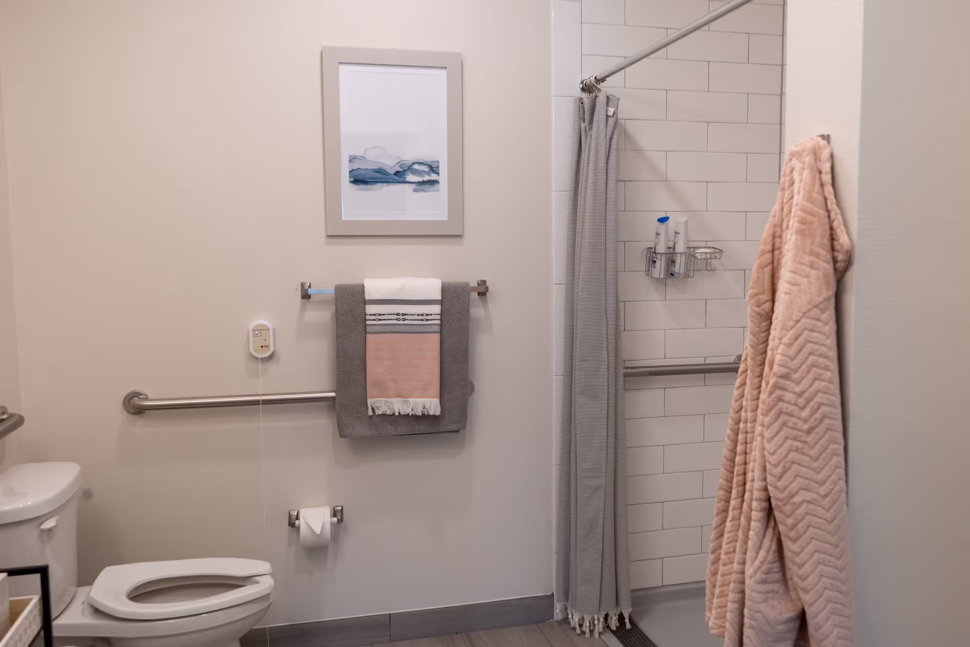A bathroom with a toilet, a towel rack holding three towels, a framed abstract artwork on the wall, a walk-in shower with a gray curtain, and a pink bathrobe hanging on a hook. The bathroom has light-colored walls and floor tiles, with grab bars installed near the toilet and inside the shower.
