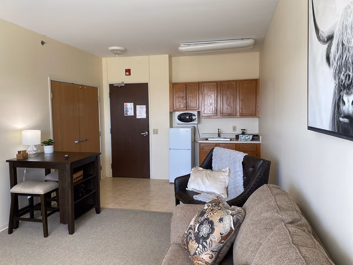 A small living area with a beige couch adorned with patterned pillows, a dark armchair with a white throw and pillow, a small kitchen area with wooden cabinets, a microwave, a refrigerator, and a sink. There is a dark wooden table with a lamp and a plant on it, and a closed wooden door and closet in the background. A black and white painting of an animal is partially visible on the right wall.