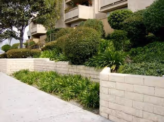 Exterior view of the building with landscaped planters and a concrete retaining wall.