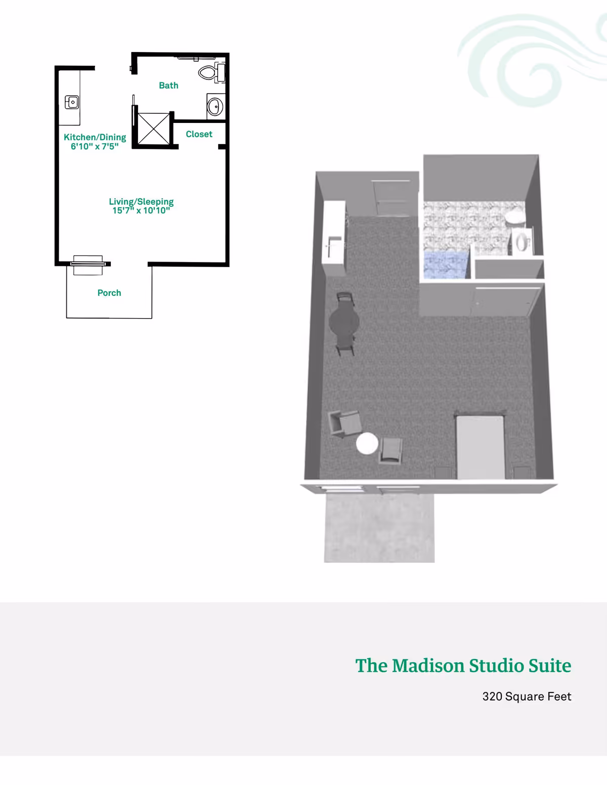 Floor plan and 3D layout of The Madison Studio Suite at Rosegate Commons, showing a combined living and sleeping area with a bed, two chairs, a small table, a kitchen/dining area, a bathroom with a shower, toilet, and sink, and a porch. The suite measures 320 square feet.