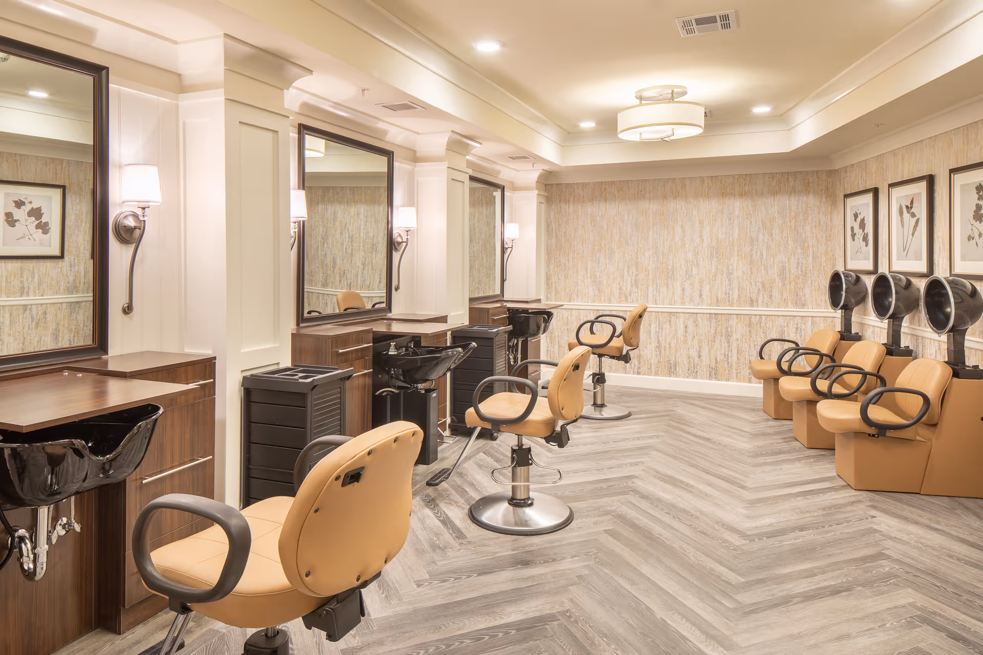 Well-lit salon interior with styling chairs, shampoo sinks, mirrors, and hooded hair dryers.