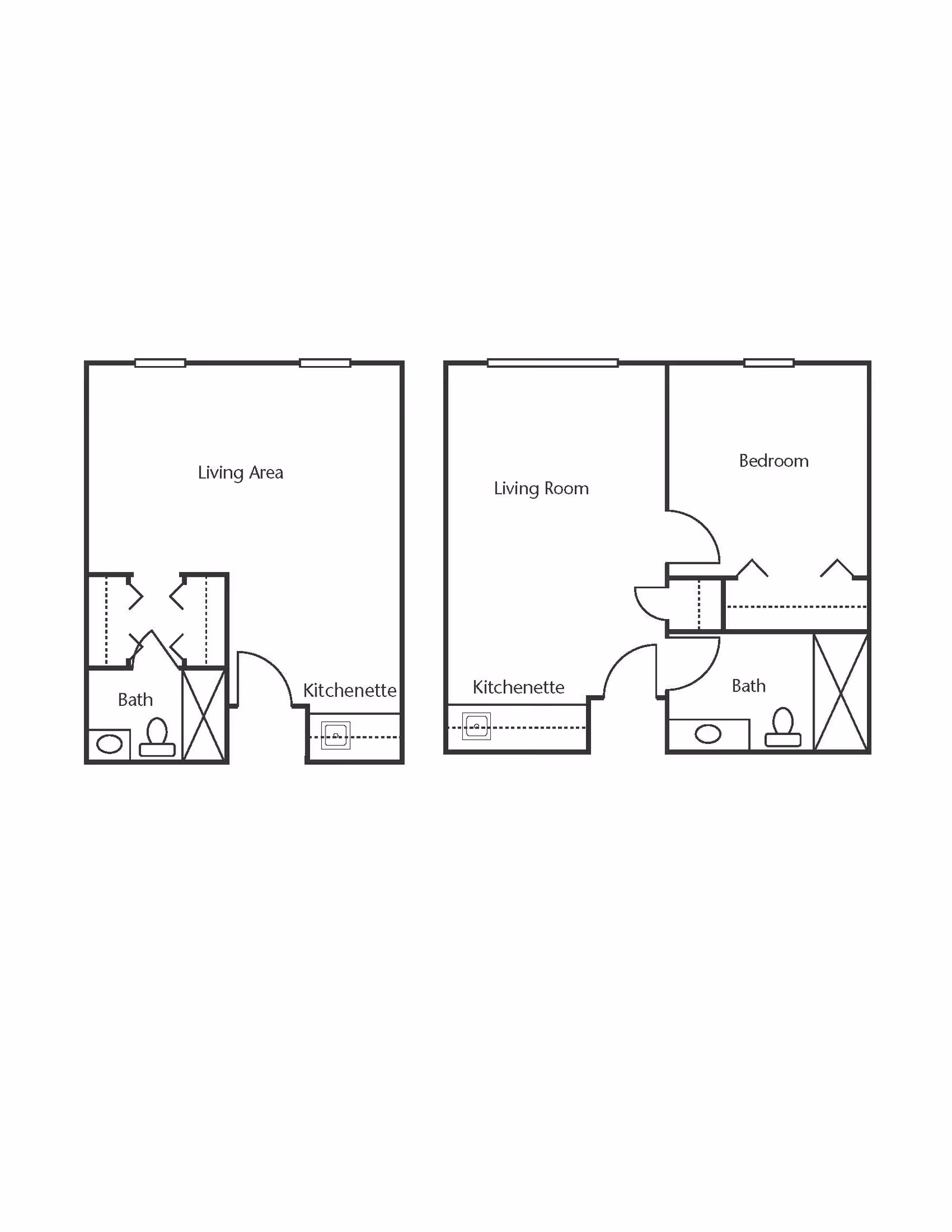 Architectural floor plans showing two apartment layouts. The left layout includes a living area, kitchenette, and bath. The right layout includes a living room, kitchenette, bedroom, and bath.