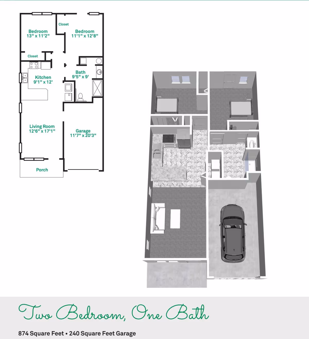 Top-down 2D and 3D floor plan of a two-bedroom, one-bath apartment showing a living room, kitchen, bathroom, bedrooms, and an attached garage.