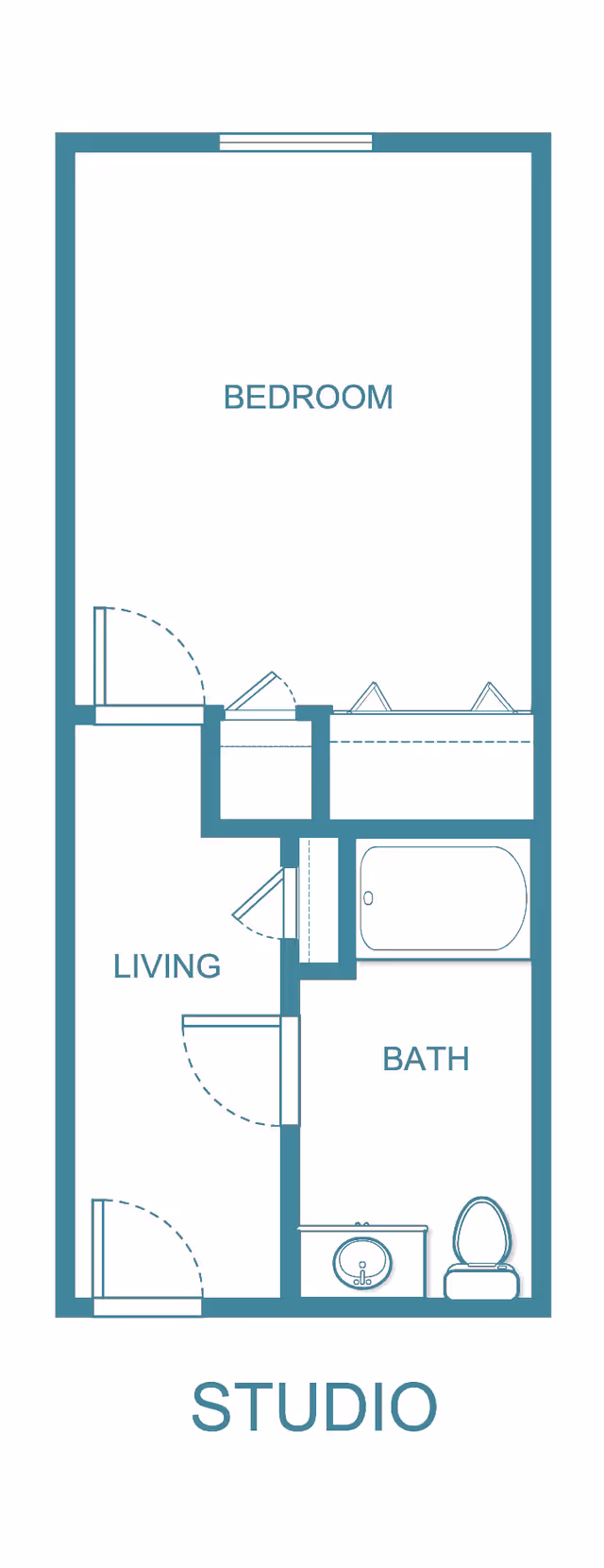 Architectural floor plan of a studio apartment at Woodlands Village Senior Living Community showing a bedroom, living area, and bathroom with a bathtub, toilet, and sink.