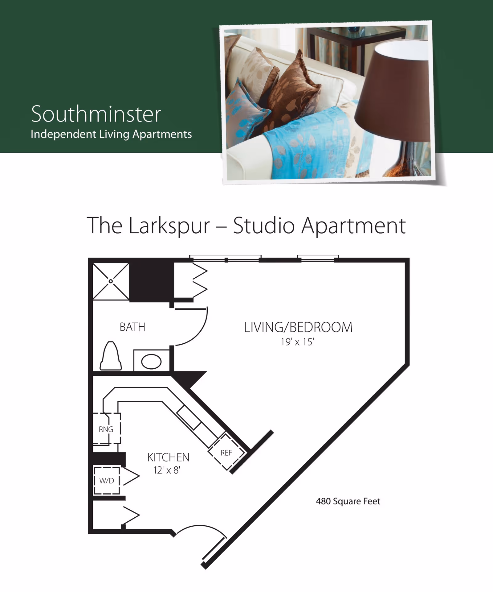 Floor plan of The Larkspur studio apartment at Southminster Independent Living Apartments, showing a combined living and bedroom area measuring 19 by 15 feet, a kitchen area measuring 12 by 8 feet with a range, refrigerator, and washer/dryer, and a bathroom.
