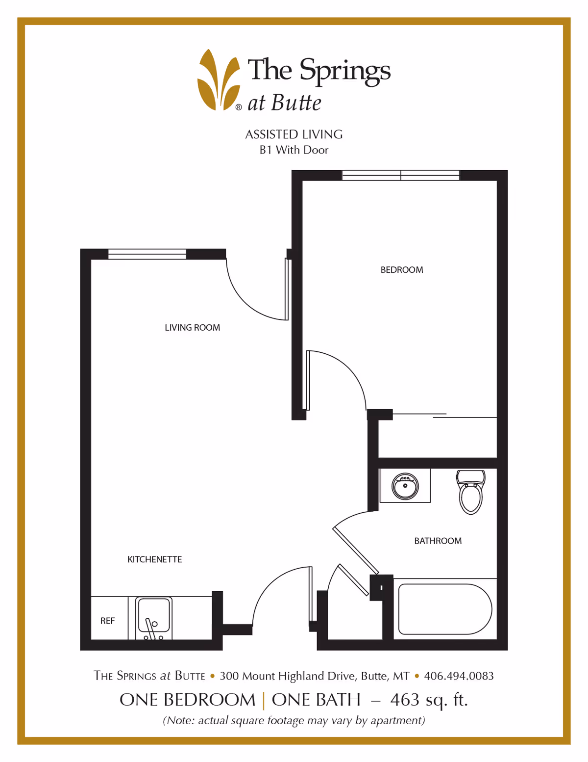 Floor plan for The Springs at Butte showing a one-bedroom, one-bath assisted living apartment with living room, kitchenette, bedroom, and bathroom.