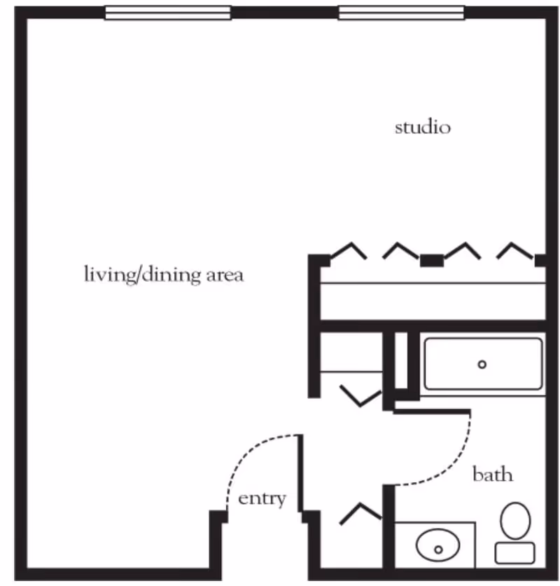Floor plan of a studio apartment with labeled areas including entry, living/dining area, studio, and bath with bathtub, sink, and toilet.