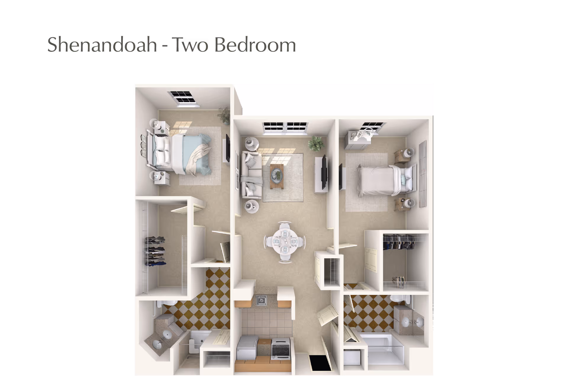 Floor plan of a two-bedroom apartment named Shenandoah, showing two bedrooms, a living room with seating and TV, a dining area with a round table, a kitchen, two bathrooms, and closets.