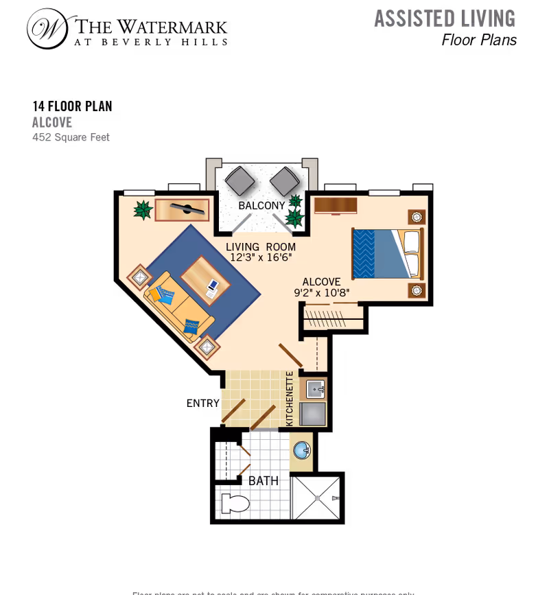Floor plan illustration of a 452 sq ft alcove assisted-living apartment showing a living room, sleeping alcove, kitchenette and bathroom.