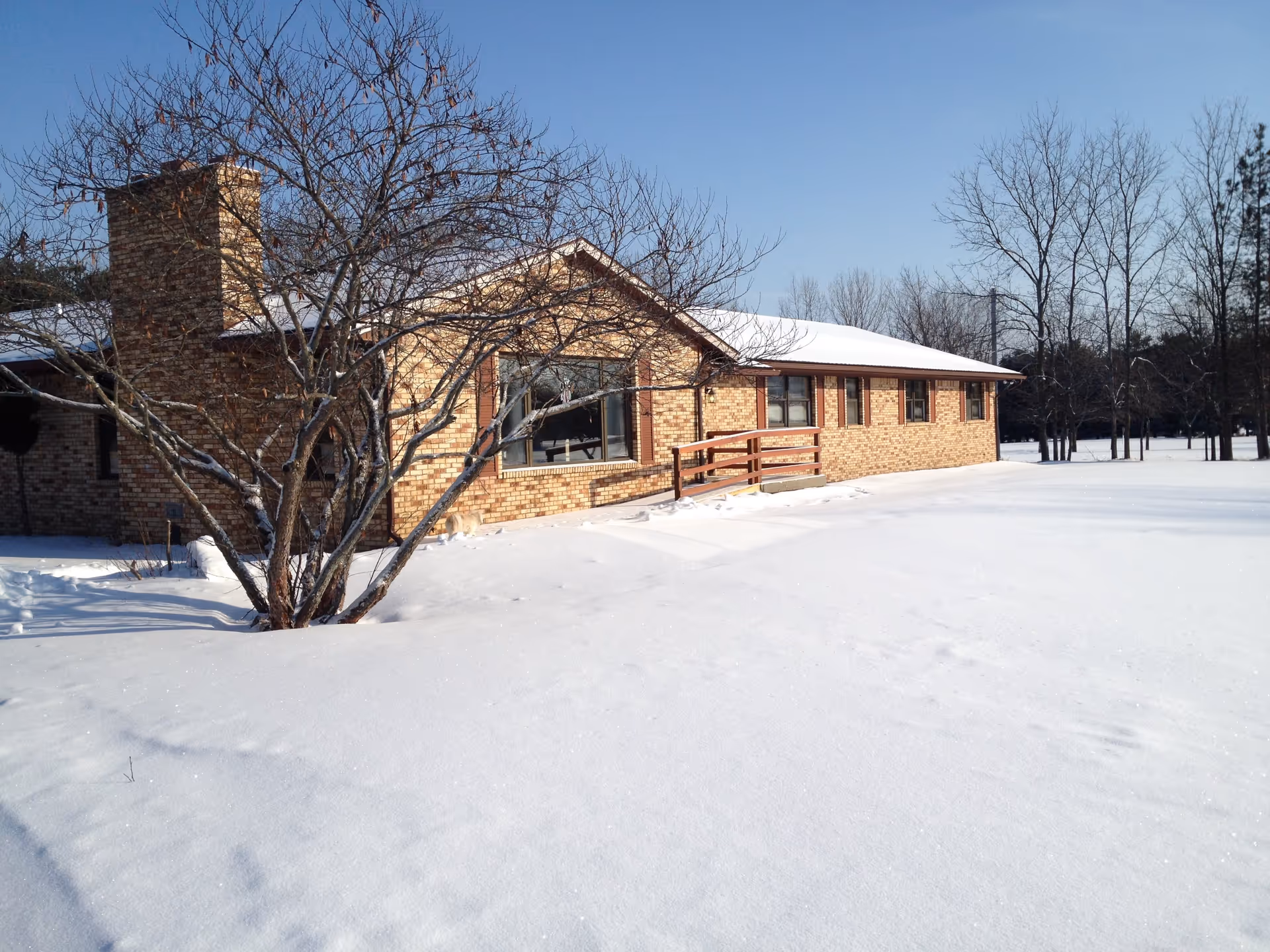 A single-story brick building with a snow-covered roof and ground surrounding it. There is a leafless tree in the foreground and a wooden ramp leading to the entrance. The sky is clear and blue.