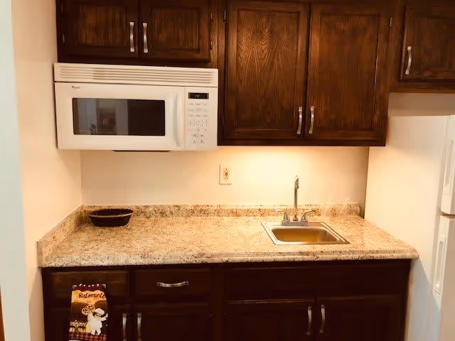 A small kitchen area with dark wooden cabinets, a white microwave mounted above a beige granite countertop, a stainless steel sink with a faucet, and a white refrigerator on the right side. There is a decorative towel hanging on the cabinet handle and a small bowl on the countertop.
