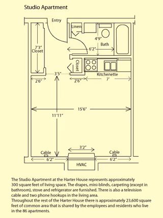 Floor plan of a studio apartment at Harter House showing an entry, a 7'3" closet, a bathroom with bathtub and linen closet, a kitchenette with stove and refrigerator, and a living area with cable and phone hookups. Dimensions of various sections are labeled.