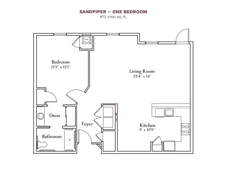 Floor plan of a one-bedroom apartment named Sandpiper with a total area of 972 square feet. The layout includes a bedroom measuring 12 feet 2 inches by 12 feet 1 inch, a living room measuring 23 feet 4 inches by 14 feet, a kitchen measuring 9 feet by 10 feet 9 inches, a bathroom, a dressing area, and a foyer. The kitchen features a sink, stove, and refrigerator. The entrance is located near the kitchen and living room area.