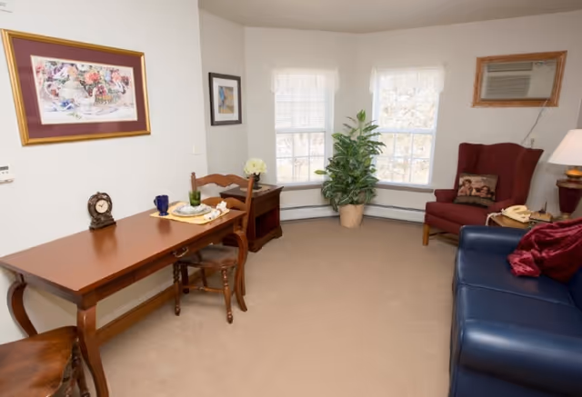 A cozy living room with beige carpet, a wooden desk with a chair, a small table with a flower vase, two windows with blinds, a large potted plant, a red armchair with a decorative pillow, a blue leather sofa with a red throw pillow, a side table with a lamp and a vintage telephone, and framed artwork on the walls.