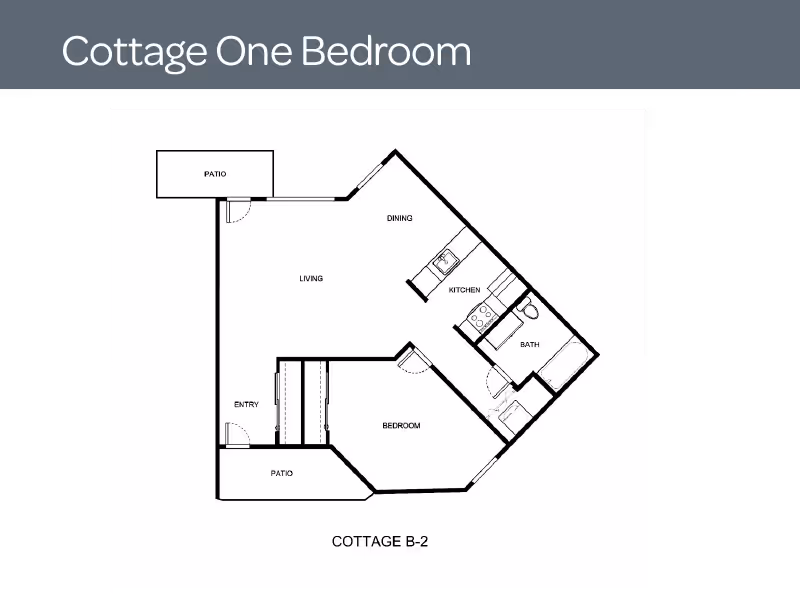 Black-and-white floor plan titled 'Cottage One Bedroom' showing living, dining, kitchen, bedroom, bath and two patios labeled Cottage B-2.