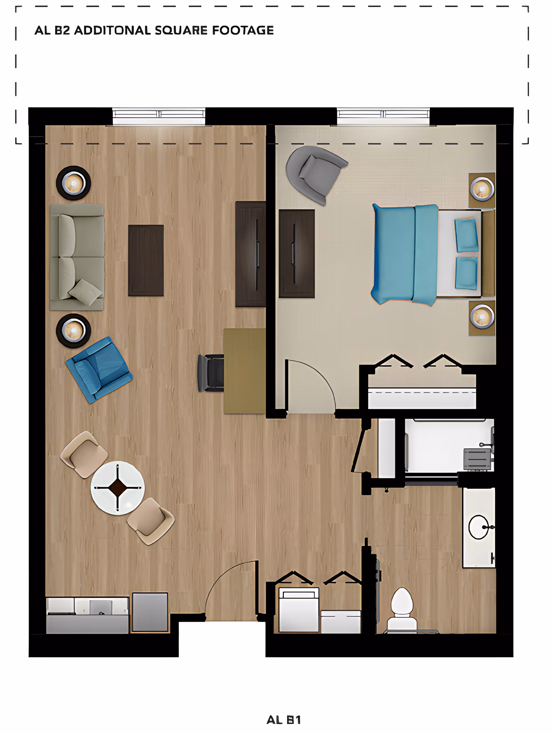 Floor plan of a one-bedroom apartment layout showing a living room with sofa, armchairs, coffee table, and TV, a bedroom with a bed, nightstands, and chair, a kitchen area with sink and refrigerator, and a bathroom with toilet, sink, and shower.