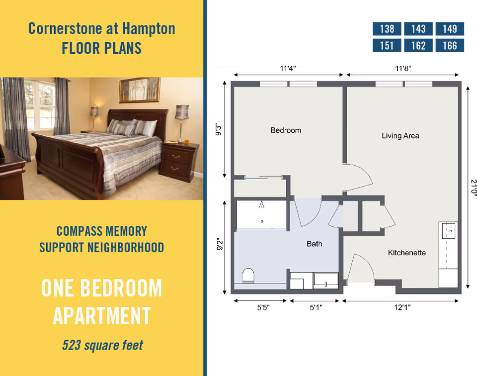 Floor plan of a one-bedroom apartment at Cornerstone at Hampton showing a bedroom, living area, bath, and kitchenette. The image also includes a photo of a bedroom with a wooden bed frame, nightstand, and lamps. The apartment size is 523 square feet.