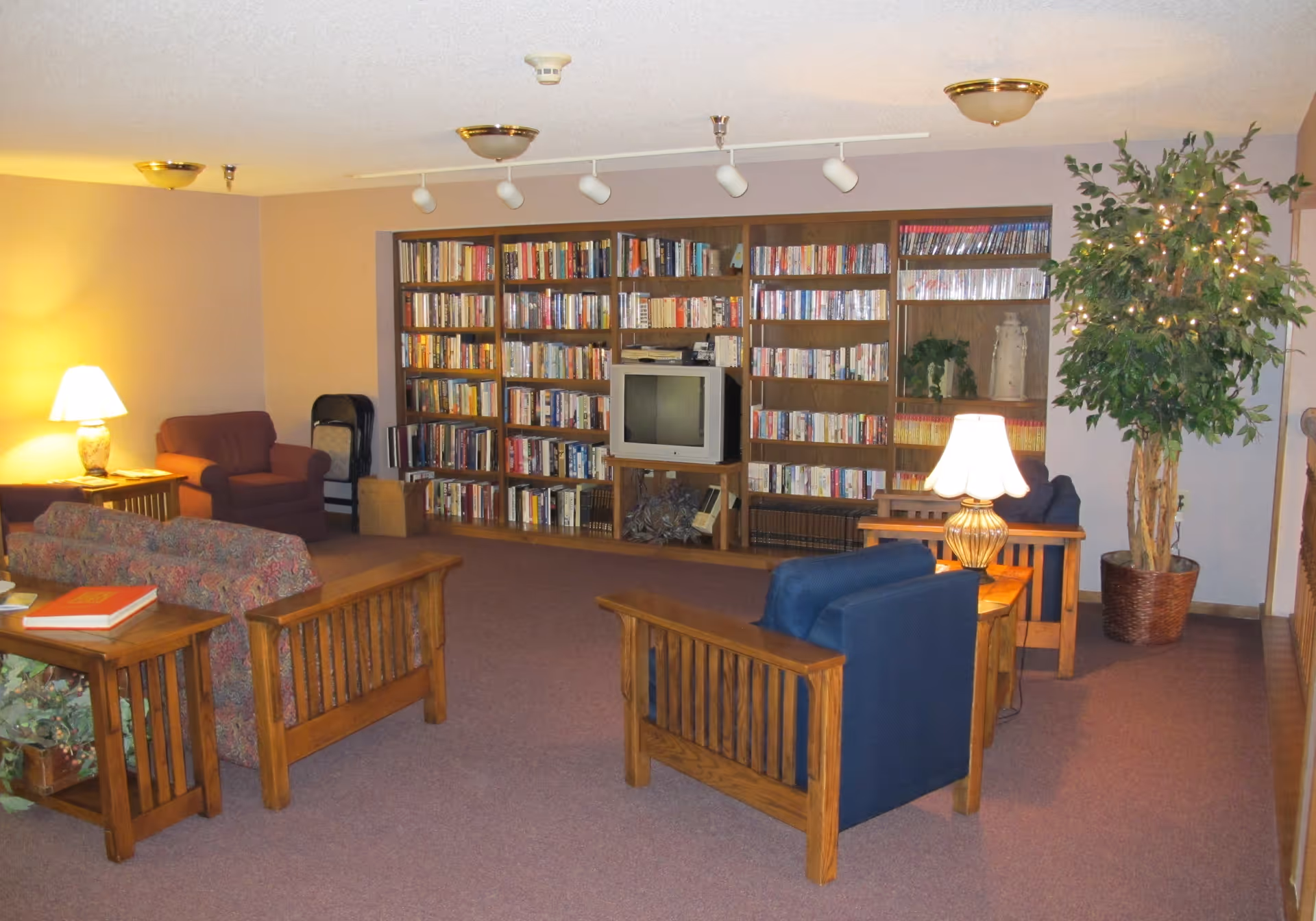 Comfortable common room with bookshelves, a TV, wooden sofas and armchairs arranged around side tables and lamps with a potted tree in the corner.