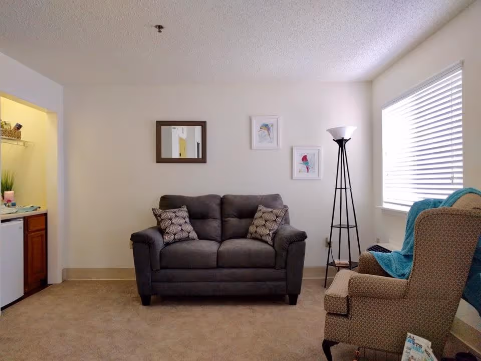 A cozy living room with a gray loveseat adorned with two patterned pillows, a beige armchair with a blue throw draped over it, a tall black floor lamp, and three framed pictures on the wall. There is a window with white blinds letting in natural light, and a small part of a kitchenette is visible to the left.