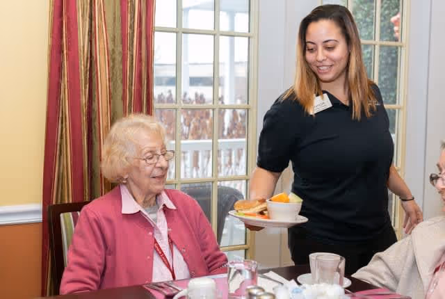 A caregiver serving food to an elderly woman seated at a dining table in a well-lit room with large windows. The caregiver is smiling and holding a plate with a sandwich and a bowl of fruit.