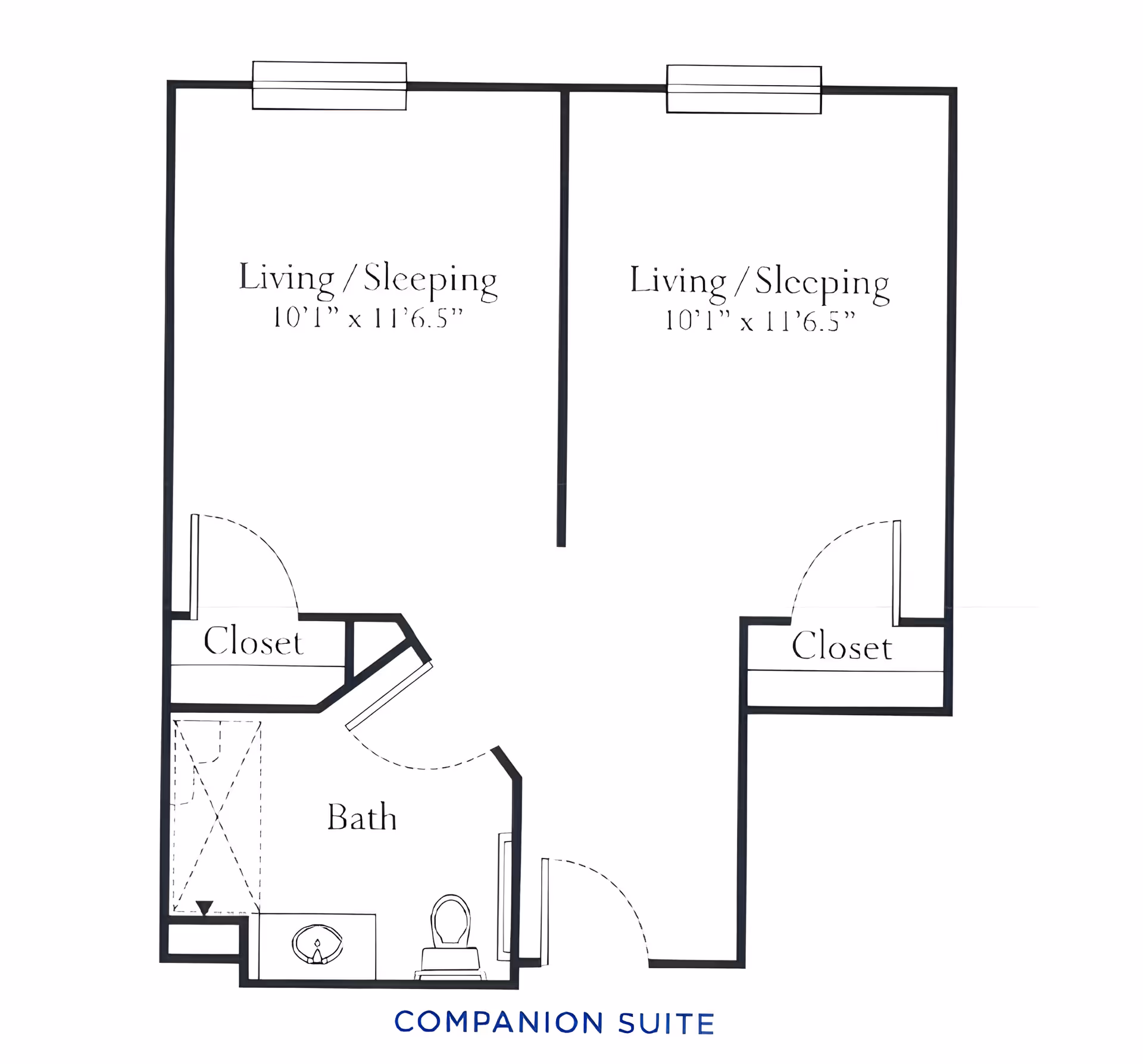 Floor plan of a companion suite with two living/sleeping areas each measuring 10 feet 1 inch by 11 feet 6.5 inches, two closets, and a shared bathroom with a sink, toilet, and shower.