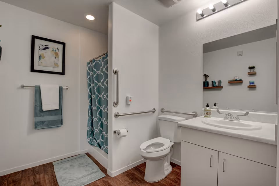 A clean and accessible bathroom with a toilet, white countertop sink, and a shower with a blue patterned curtain. There are grab bars near the toilet and shower for support. A towel rack holds two towels, and a framed abstract artwork hangs above it. The floor has wood-like tiles and a light blue bath mat is placed in front of the shower. A large mirror is above the sink with a light fixture above it.