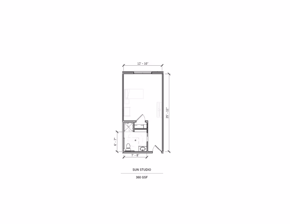 Architectural floor plan of a Sun Studio unit measuring 360 gross square feet, showing a layout with a main living/sleeping area, a bathroom with a toilet and shower, and entry door.