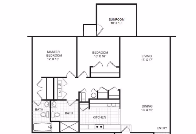 Black-and-white floor plan of a two-bedroom apartment showing labeled rooms including master bedroom, bedroom, living, dining, kitchen, sunroom, and two bathrooms.