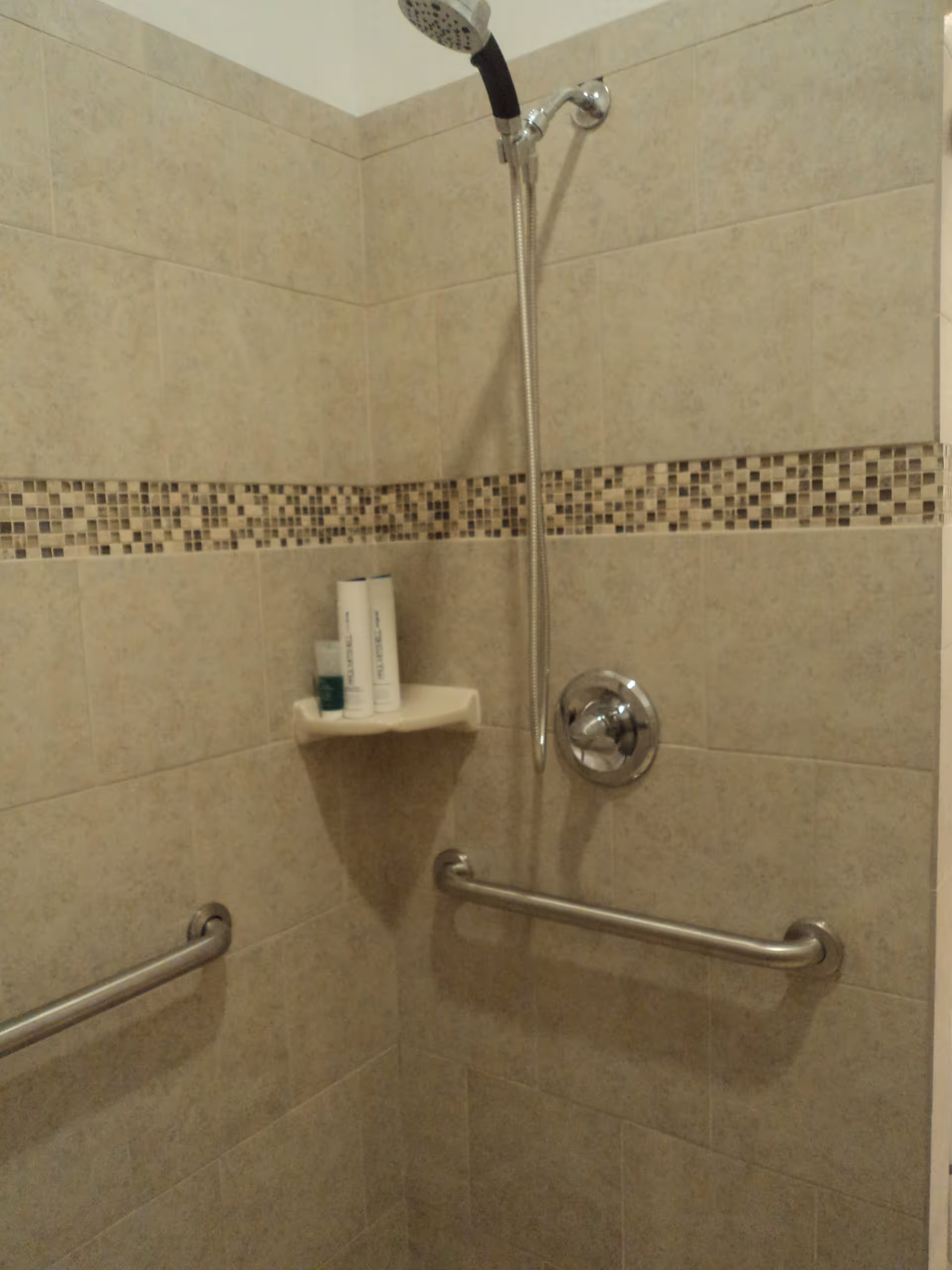 Shower area with beige tiled walls featuring a decorative mosaic tile strip. There is a handheld showerhead attached to the wall, a corner shelf holding shampoo and soap bottles, and two horizontal metal grab bars for support.