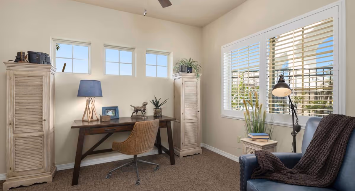 A cozy interior room with a wooden desk and wicker chair, two tall cream-colored cabinets on either side of the desk, a blue table lamp, decorative items including a small dog statue and plants, a blue armchair with a dark brown knitted throw, and windows with white blinds letting in natural light.