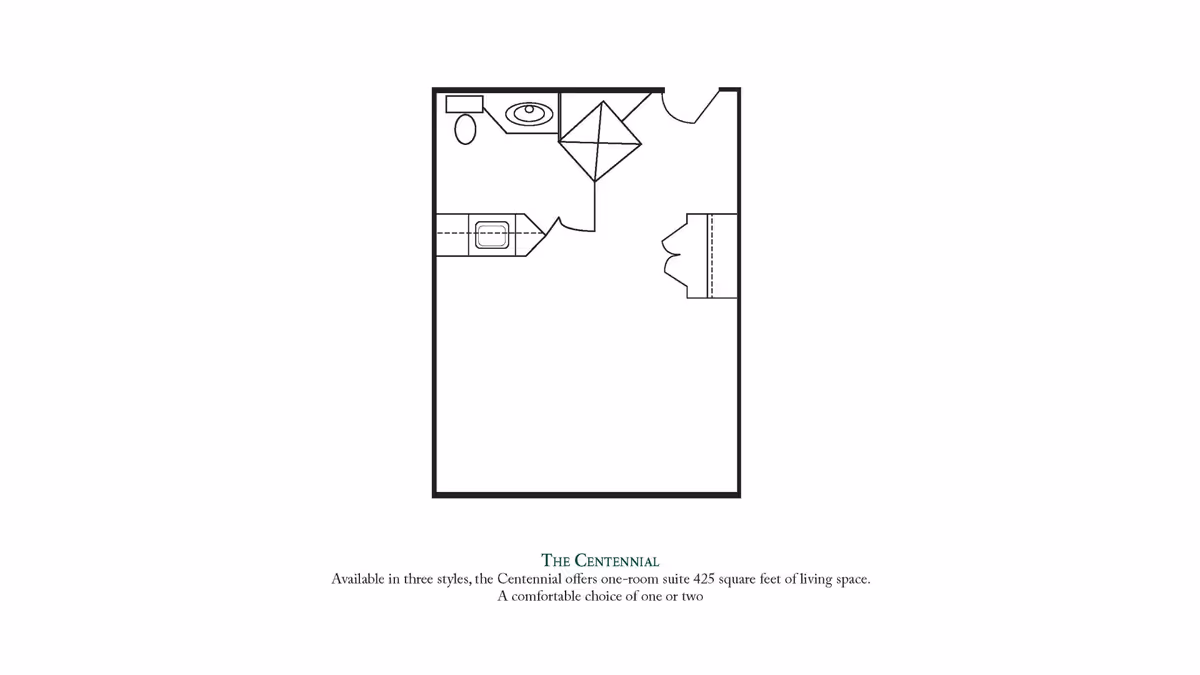 Floor plan of The Centennial, a one-room suite with 425 square feet of living space, showing a bathroom area with toilet and sink, a closet, and an open living area.