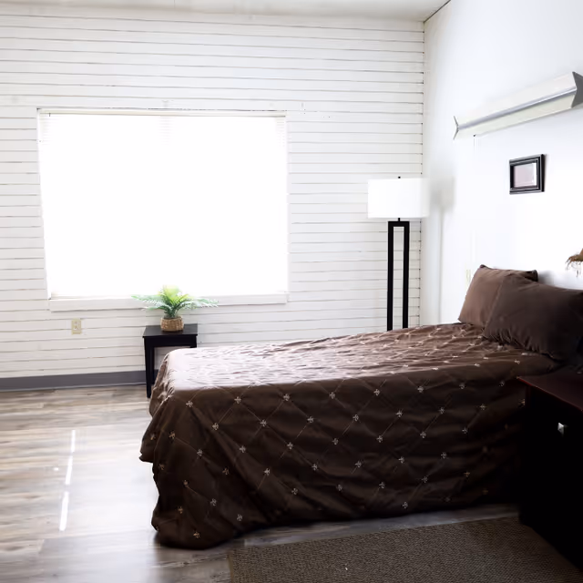 A simple bedroom with a single bed covered in a brown quilted bedspread. The room has white shiplap walls, a large window with blinds, a small black side table with a potted plant, a tall floor lamp, and wooden flooring with a small rug partially visible.