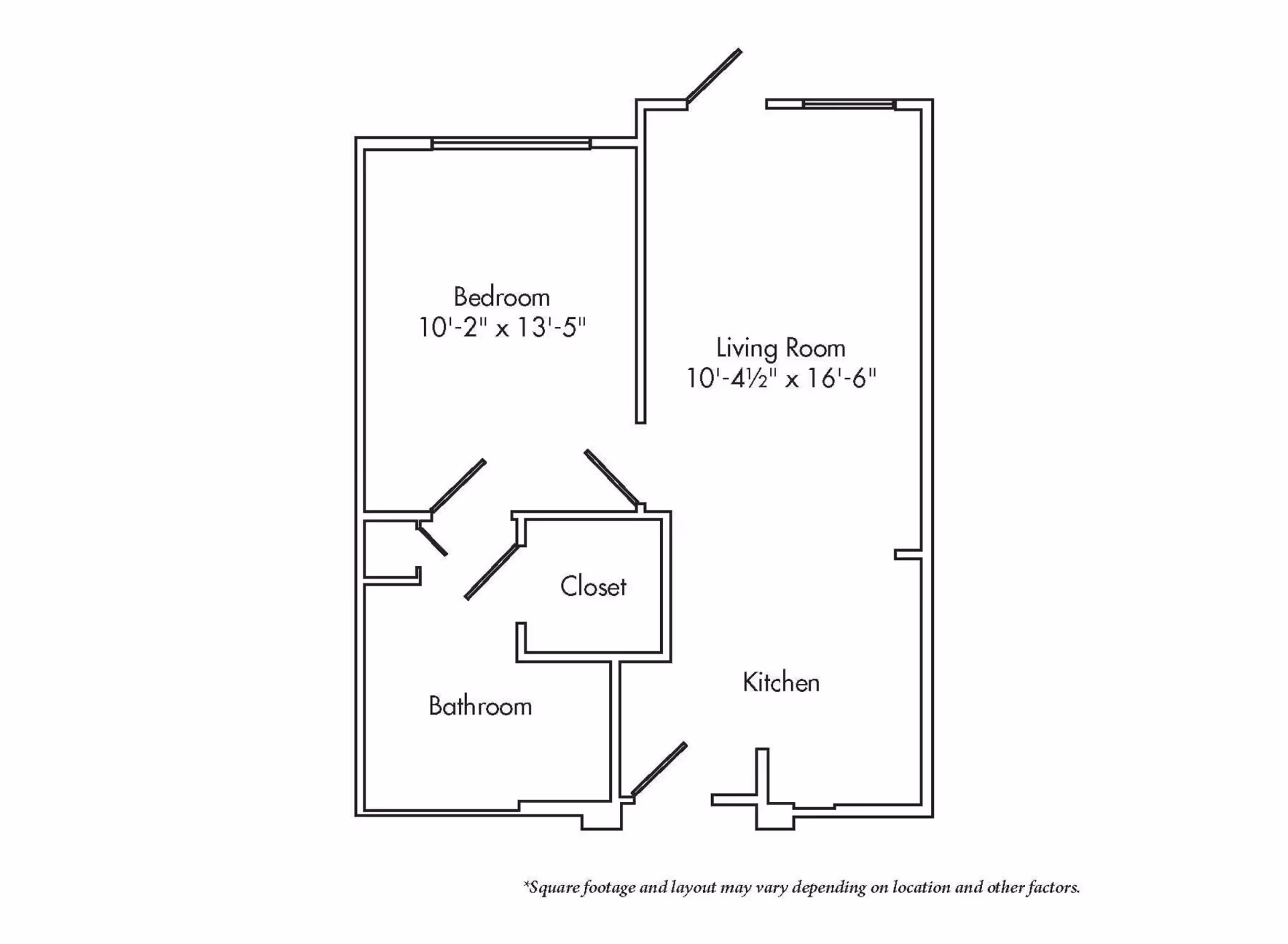 Floor plan layout of a living space showing a bedroom measuring 10 feet 2 inches by 13 feet 5 inches, a living room measuring 10 feet 4.5 inches by 16 feet 6 inches, a kitchen, a bathroom, and a closet. There is a note indicating that square footage and layout may vary depending on location and other factors.