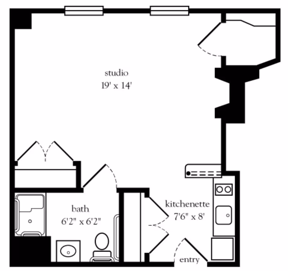 Floor plan of a studio apartment at Atria Harborhill showing a 19 by 14 feet studio area, a 6 feet 2 inches by 6 feet 2 inches bathroom with a shower, sink, and toilet, and a kitchenette measuring 7 feet 6 inches by 8 feet near the entry door.