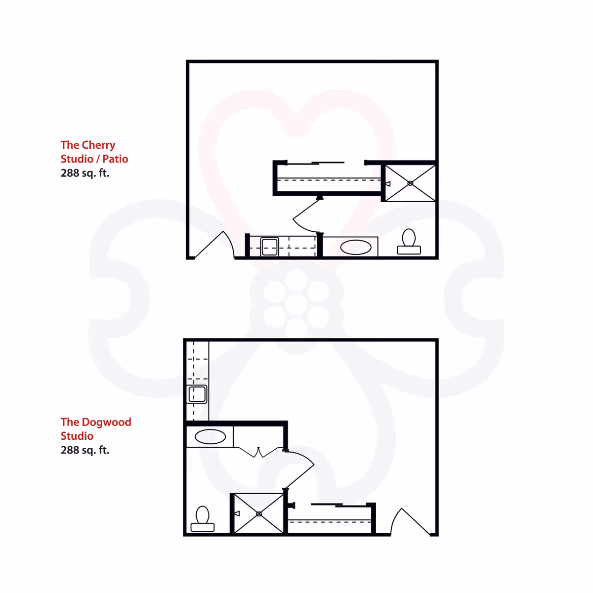 Floor plans for two studio apartments at McArthur Manor Assisted Living. The Cherry Studio with a patio is 288 sq. ft. and includes a bathroom, kitchenette, and living area. The Dogwood Studio is also 288 sq. ft. with a bathroom, kitchenette, and living area.