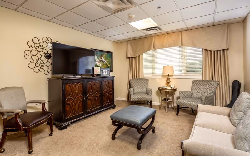 Comfortable living room with a sofa, several armchairs, an ottoman, a TV on a wooden cabinet, and a window with drapes.
