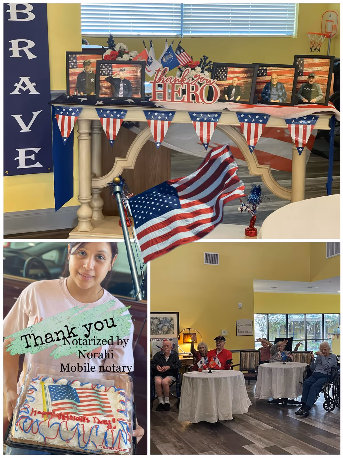 Collage of three images from The Park At Bay Area showing a patriotic display with American flags, framed photos of veterans, and a 'thank you HERO' sign; a woman holding a decorated cake with an American flag design and text overlay saying 'Thank you Notarized by Norahi Mobile notary'; and a group of elderly residents sitting at tables in a common room with yellow walls and large windows.