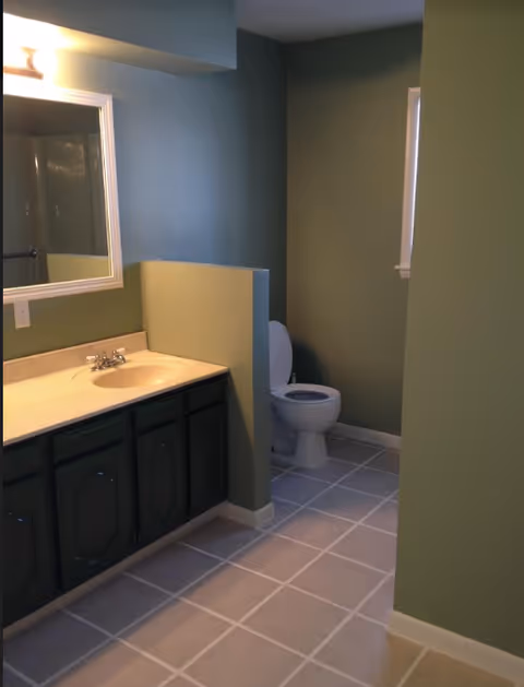 Interior view of a bathroom with green walls and tiled floor. The image shows a sink with a countertop and dark green cabinets below, a large mirror above the sink, and a toilet in a separate alcove with a small window.