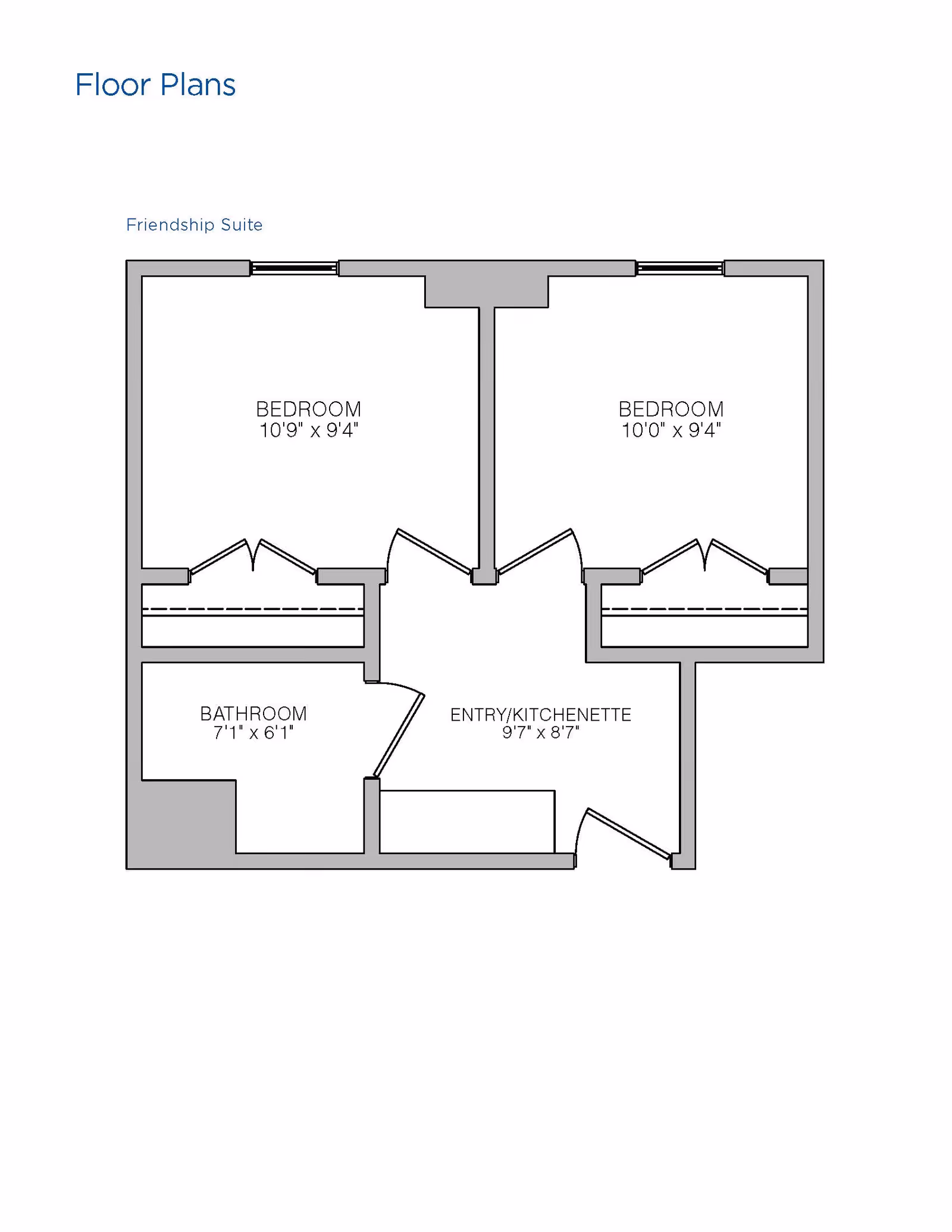 Floor plan layout titled Friendship Suite showing two bedrooms, a bathroom, and an entry/kitchenette area with dimensions for each room.